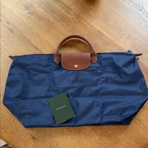 Longchamp Navy and Brown Leather Bag